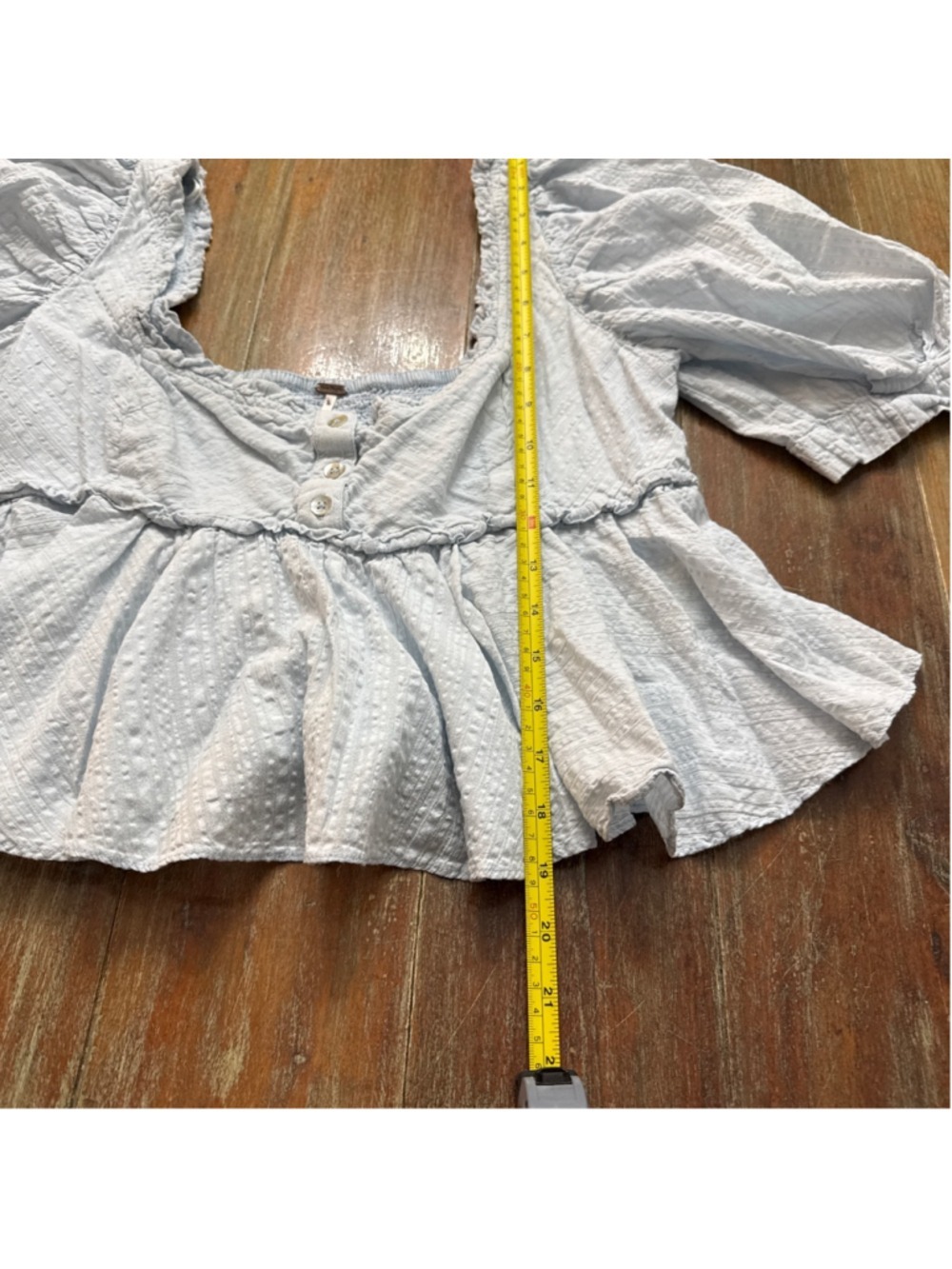 Free People Baby Blue Seersucker Puff Sleeve Babydoll Top Smocked Back S - Picture 10 of 11
